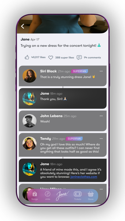 Artist app fan-zone community feed screen